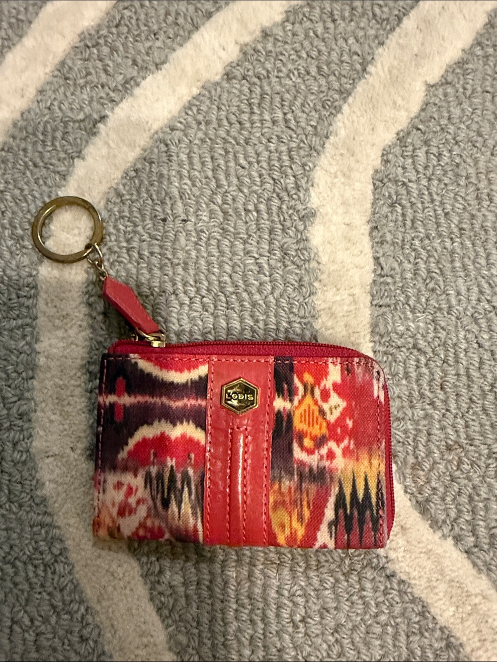 Lodis Red Multicolor Ikat Zip Card Case with Key Ring